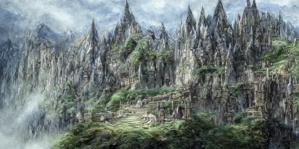 Image similar to an elven city built into the side of a mountain, pristine, by alan lee, lord of the rings, smooth, detailed terrain, oil painting, matte painting, concept art, trending on artstation