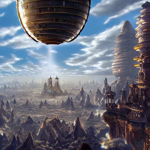 Prompt: enormous flying city in a faberge egg, sky, steampunk, fantasy art, masterpiece, hugh ferriss, unreal engine, peder balke, clouds background