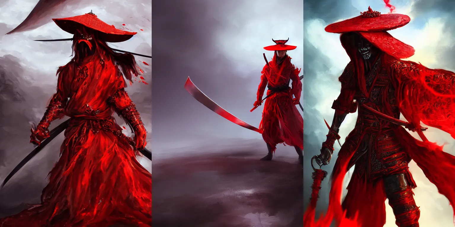 Prompt: Half-length portrait of a demonic humanoid wearing an asian rice hat and a katana. Red clothing, liquid, flux. Black armor. Volumetric lighting, bloom, shadows. Asian landscape, clouds. Fantasy, digital painting, HD, 4k, detailed.