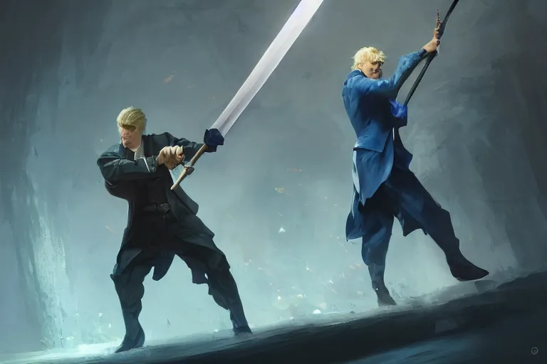 Image similar to a blonde man in a blue suit swinging a sword at an asian man with a sword, d & d, heartstone, digital painting, volumetric light, intricate, sharp, focus, bloom, illustration, highly detailed, concept art, matte, ruan jia, randy vargas, greg rutkowski