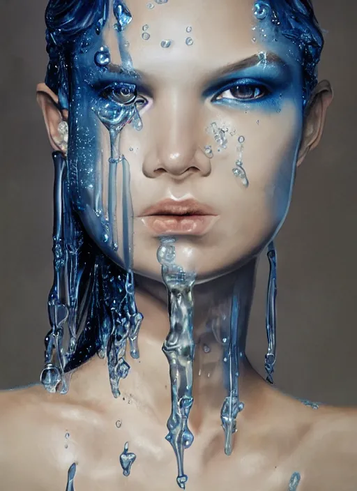 Image similar to sculpture made of water, girl portrait, future, shaman, harper's bazaar, vogue, magazine, wet, blue, concept art, ornate, luxury, elite, elegant, trending on artstation, by ruan jia, by Kenneth Willardt, by ross tran, by WLOP, by Andrei Riabovitchev,