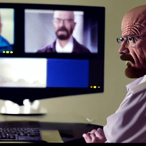 Prompt: walter white in real life rendering himself on a computer with blender software