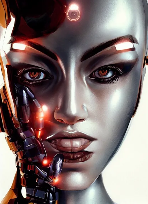 Image similar to portrait of a cyborg woman who turns her head to the ((((((right))))) left+3500 (((((up))))) (((((down))))) by Artgerm,eyes closed , biomechanical, hyper detailled, trending on artstation
