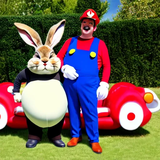 Prompt: real life big chungus dressed like mario, super mario with bunny ears, big chungus, fat bugs bunny, high resolution photo