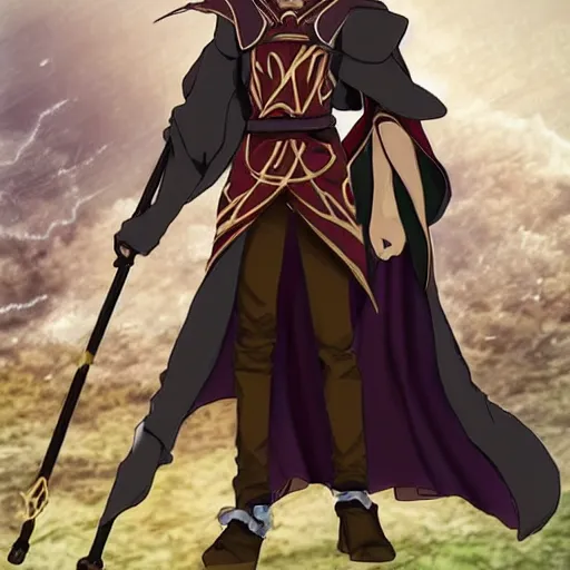 Image similar to teen fantasy boy in cloak with a staff with long brown hair covering a gem imbed on his forehead in a fantasy setting, tsubasa chronicles style, anime style