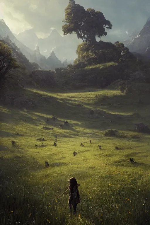 Image similar to A endless beuatiful meadow with I giant in the farground by Greg Rutkowski, Sung Choi, Mitchell Mohrhauser, Maciej Kuciara, Johnson Ting, Maxim Verehin, Peter Konig, final fantasy , 8k photorealistic, cinematic lighting, HD, high details, atmospheric,