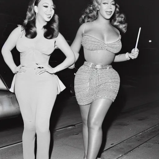 Prompt: 1950s photo of Mariah Carey and Beyonce directing traffic