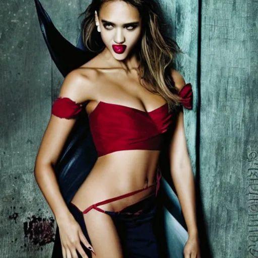 Image similar to jessica alba as an alluring vampire, baring her sharp teeth