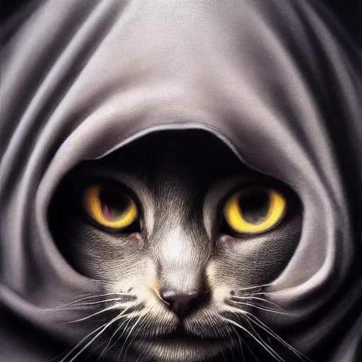 Image similar to a portrait of a kitten wearing a black hood, cloak covering face, anatomically correct, beautiful perfect face, enigmatic, oil painting, matte, black background, Volumetric dynamic lighting, Highly Detailed, Cinematic Lighting, Unreal Engine, 8k, HD, by Beksinski