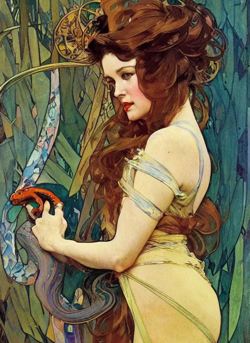 Prompt: an art nouveau copic maker impresionist painting of a woman holding a snake by john berkey by stanley artgerm lau, alphonse mucha, loish, norman rockwell