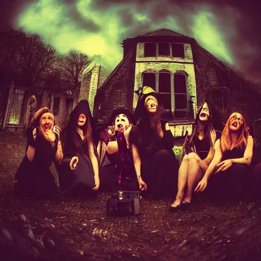 Image similar to a coven of witches, laughing and eagerly making fun of the camera!!!!!, fisheye!!!!! lens photography, lens distortion, chromatic aberration!!!!!, cgsociety contest winner, best on artstation, photorealistic photography, grim lighting, foreboding atmosphere, dark, nighttime, 4 k, 8 k