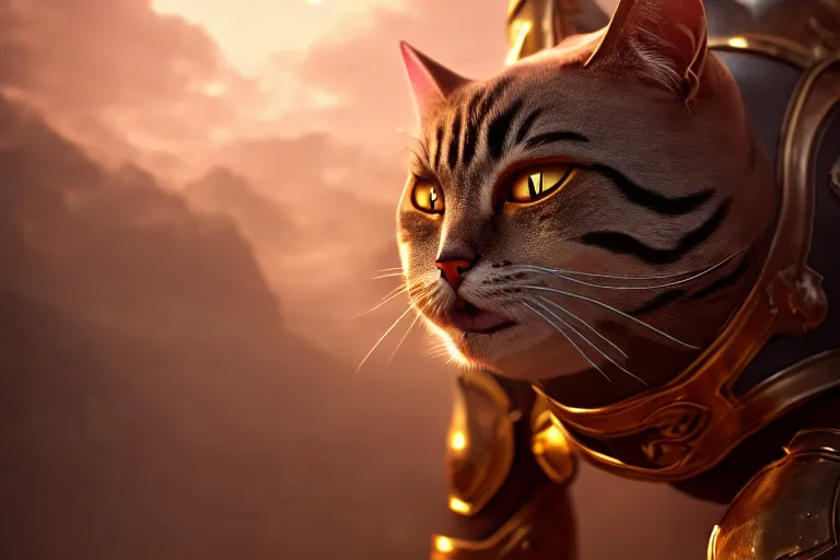 Image similar to cool looking anthrophomorphic cat in armor, sheathed weapon, fantasy, unreal engine, realistic, golden hour, professional photography, mild depth of field, cinematic lighting, 8 k