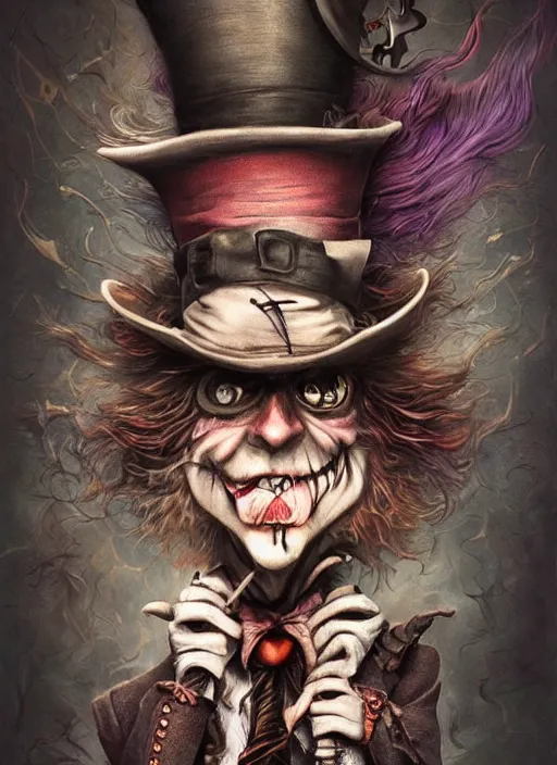 Image similar to mad hatter, angry, scary, cheeky, steampunk style, highly detailed, cinematic, 8 k, by megan duncanson, benjamin lacombe, stanley artgermm, tom bagshaw, craig mullins, carne griffiths, ayami kojima, beksinski, giger, trending on deviantart, hyper detailed, horror, full of colour