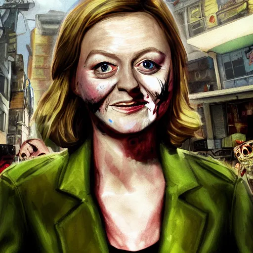 Image similar to painting of liz truss in racoon city full of zombies, hd, 4 k, 8 k artstation,