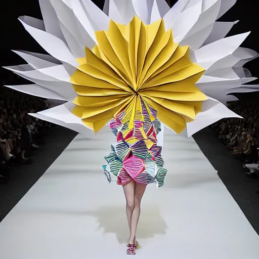 Image similar to beautiful model wearing origami - themed huge paper flower fashion runway by issey miyake