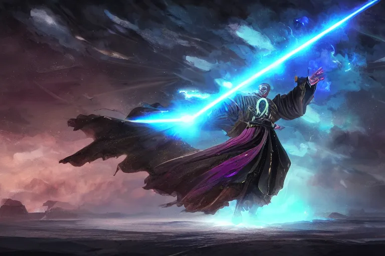 Image similar to a dark mage firing a huge laser beam of dark energy, digital painting, mixed media, trending on artstation and deviantart, epic composition, highly detailed, 8 k