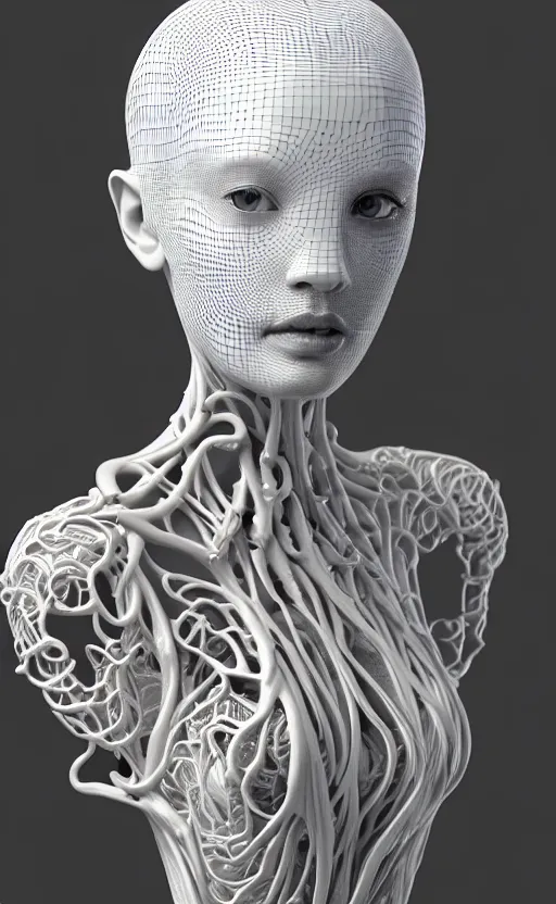 Image similar to complex 3d render of a beautiful porcelain profile woman face, vegetal dragon cyborg, 150 mm, beautiful natural soft light, rim light, silver details, magnolia leaves and stems, roots, fine lace, maze like, mandelbot fractal, anatomical, facial muscles, cable wires, microchip, elegant, highly detailed, white metallic armour, octane render, black and white, H.R. Giger style