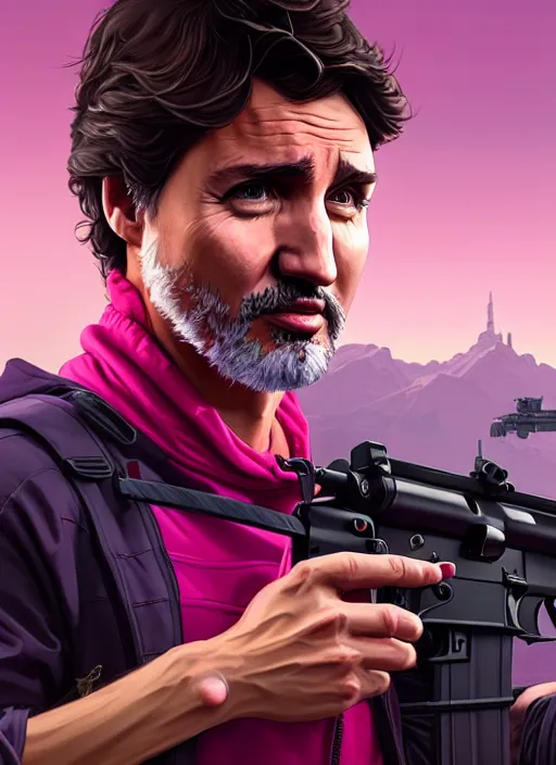 Image similar to highly detailed portrait justin trudeau in ( ( fuschia hoody ) ) holding ar - 1 5! in gta v stephen bliss unreal engine fantasy art by greg rutkowski loish rhads ferdinand knab makoto shinkai lois van baarle ilya kuvshinov rossdraws tom bagshaw global illumination radiant light detailed intricate environment