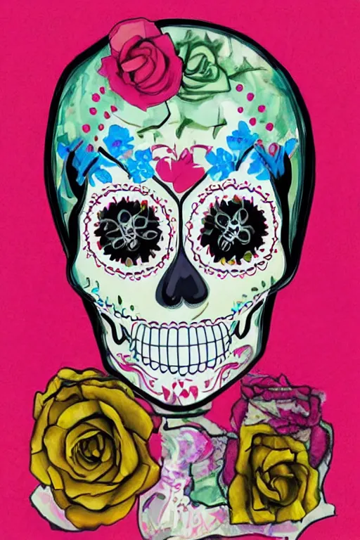 Prompt: Illustration of a sugar skull day of the dead girl, art by john chamberlain