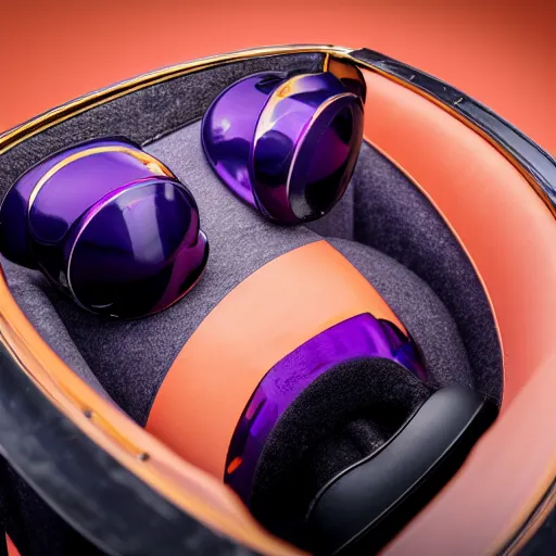 Prompt: award winning product photography, 3 5 mm lens, of a glossy orange metallic and shiny purple metallic shiny ergonomic virtual reality headset as off a 1 9 3 6 bugatti type 5 7, studio lighting,