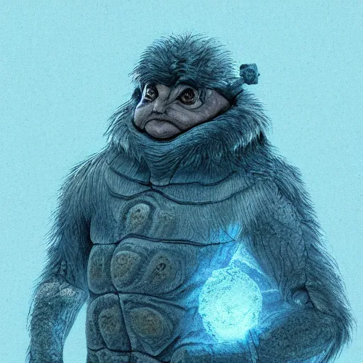 Image similar to anthropomorphic turtle humanoid, carapace, azamat khairov, blizzard, winter, night, furs, fantasy