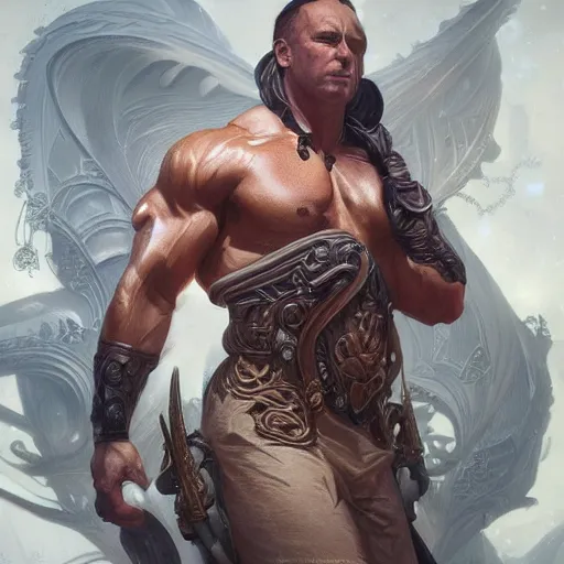 Prompt: muscular Alex Jones , fantasy, intricate, elegant, highly detailed, digital painting, artstation, concept art, smooth, sharp focus, illustration, art by artgerm and greg rutkowski and alphonse mucha