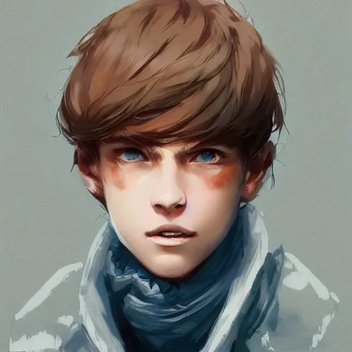 Image similar to portrait of a very feminine teenage boy with blue eyes and brown hair, smiling, wearing an oversized sweater, dramatic lighting, illustration by Greg rutkowski, yoji shinkawa, 4k, digital art, concept art, trending on artstation