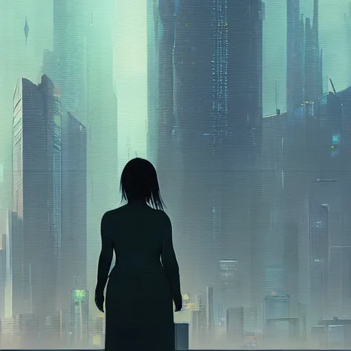 Prompt: a woman standing in front of a city skyline, cyberpunk art by kaii higashiyama, trending on cgsociety, neo - romanticism, dystopian art, 2 d game art, apocalypse art