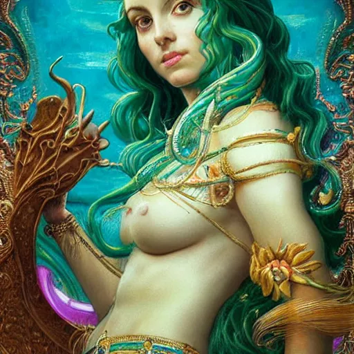 Image similar to artstation, intricate details, hyper details, by gaston bussiere and sandro botticelli, tan skin sumerian goddess inanna, lady of elche, egyptian sumerian features, techno mystic dominatrix goddess intergalactica, inanna with aqua neon rapunzel dreadlocks,