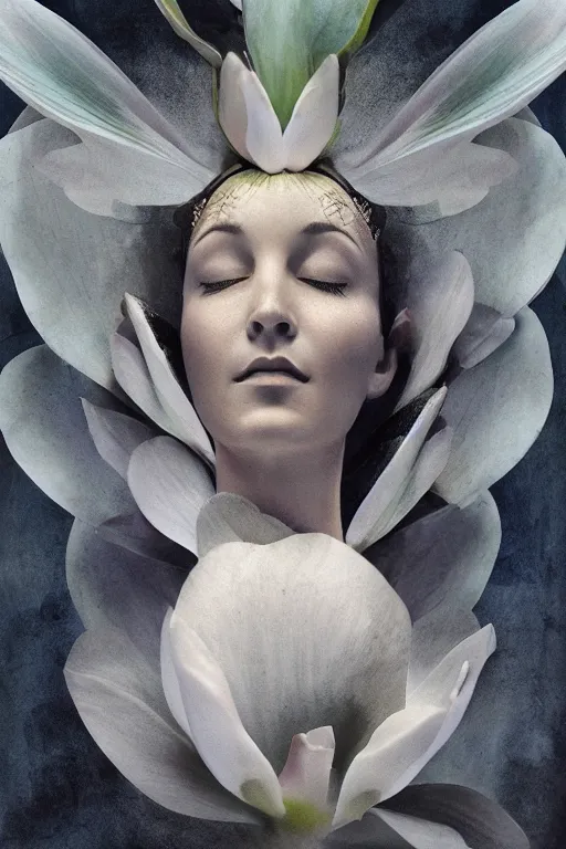 Image similar to a goddess of magnolia a queen of the garden, meditating! with a beautiful symmetrical face!!! cinematic lightning, isolated, studio lighting by dave mckean