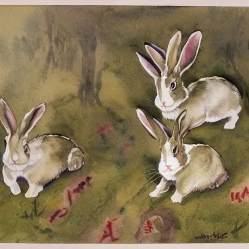 Image similar to Rabbits posing as ww1 leaders, watercolour realism