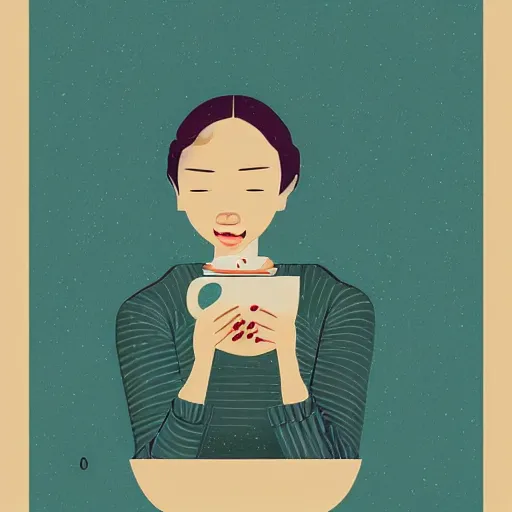 Image similar to illustration of a girl having a cup of coffee, happy feeling, waking up, by malika favre and victo ngai