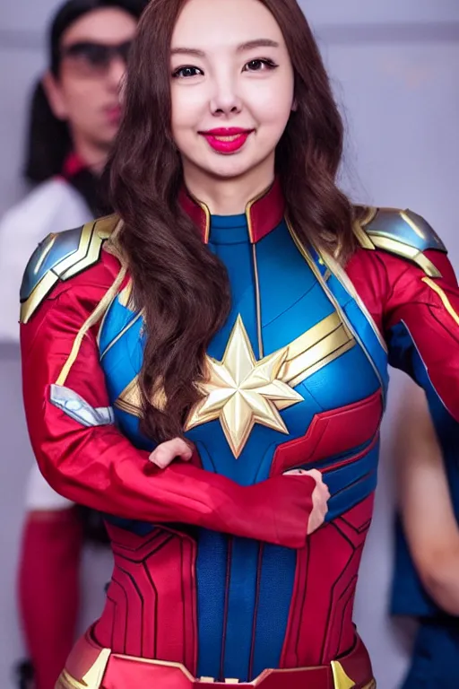 Prompt: nayeon cosplaying as captain marvel, dragoncon, flash photography, wide angle