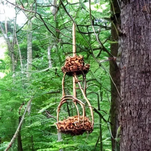 Prompt: A bird feeder made out of branches in the middle of a forest