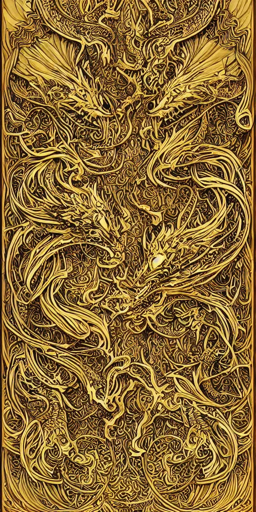 Image similar to golden paper + an intricate dragon depiction + symmetry + elaborate illustration