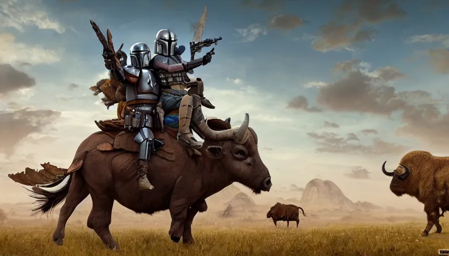 Image similar to mandalorian riding a buffalo, madagascar with baobabs trees in the background, animals chasing, action scene, an epic fantasy, artgerm and greg rutkowski and alphonse mucha, an epic fantasy, volumetric light, detailed, establishing shot, cinematic, photorealistic, hyper detailed, ultra realistic, trending on art station, octane render, midsommar