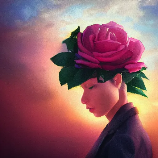 Prompt: closeup, large rose flower head, frontal, girl in a suit, surreal photography, sunrise, dramatic light, impressionist painting, digital painting, artstation, simon stalenhag