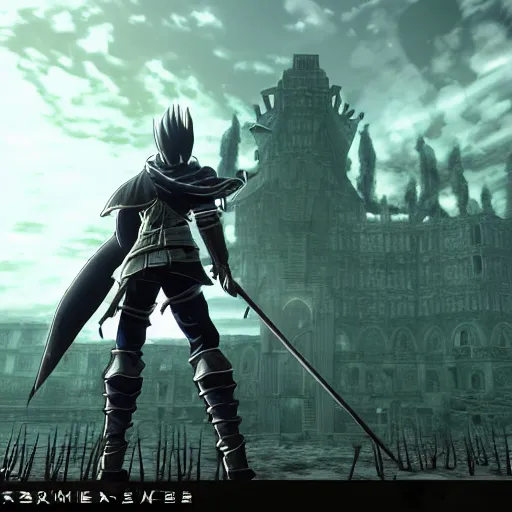 Image similar to gameplay screenshot of the game dark souls as an anime movie, a dark souls final boss battle in anor londo in the style of anime