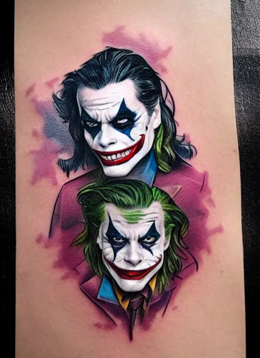 Image similar to tattoo design of beautiful margot robbie with a little joker makeup, holding an ace card, slight smile, in the style of den yakovlev, realistic face, black and white, realism tattoo, hyper realistic, highly detailed