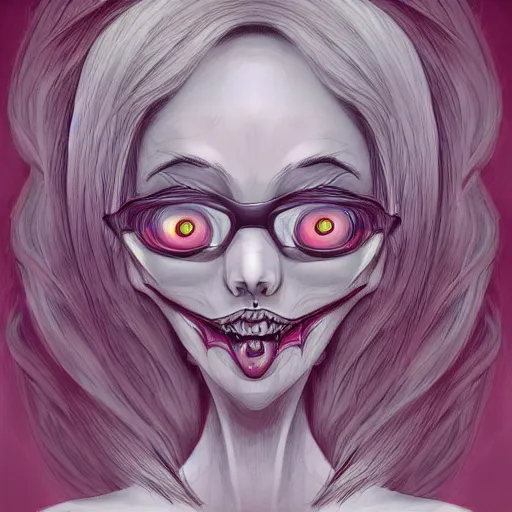 Image similar to a drawing of a woman with a creepy face, a sinister demonic mouth opening from forehead, a character portrait by lois van baarle, trending on deviantart, pop surrealism, grotesque, trypophobia, cosmic horror