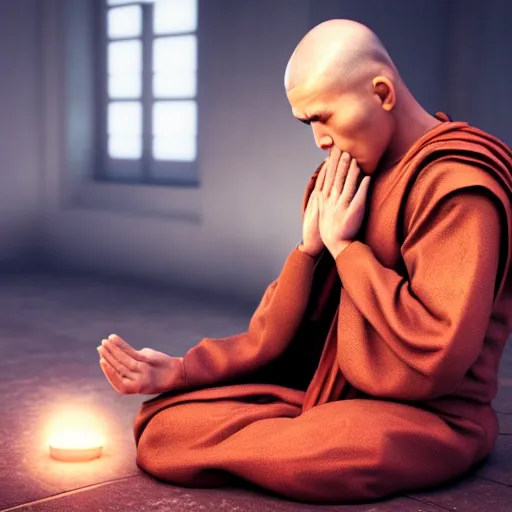 Image similar to an cybernetic monk praying with hands above head, monk robe and tattoos, octane render, unreal engine, 8 k, cinematic, artwork by ilya kuvshinov