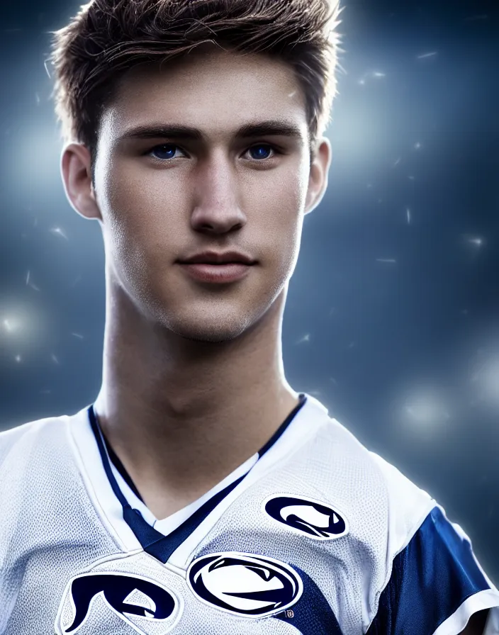 Image similar to closeup portrait of very beautiful cute male lacrosse player in a penn state stadium, glamour pose, particle effects, backlit, highly detailed, soft ambient lighting, sharp focus, rule of thirds, artgerm, wlop, arney freytag, rossdraws, frank frazetta, andrei riabovitchev, hd, octane, 4 k