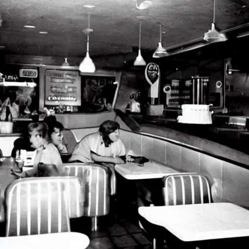 Image similar to photo of a cow eating a hamburger in a 1950's diner.