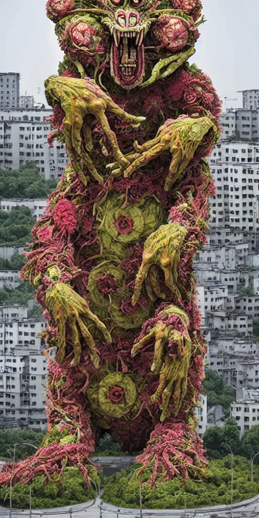 Image similar to colossal grotesque prehistoric alien predator flower made from best unfulfilled mankind projects in the middle of abandoned post soviet constructivist cityscape, Stalinist architecture, ultradetailed, Intricate by Hayao Miyazaki and Josan Gonzalez and Makoto Shinkai and Giuseppe Arcimboldo and Wes Anderson