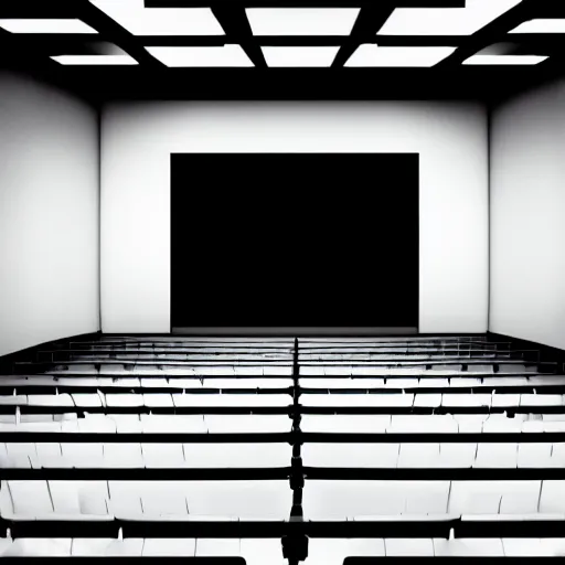 Image similar to an empty operation theater, in front of a black background, detailed digital art, black and white, law of thirds