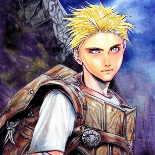 Image similar to an epic fantasy comic book style portrait painting of a young blonde boy thief in the style of yoshitaka amano