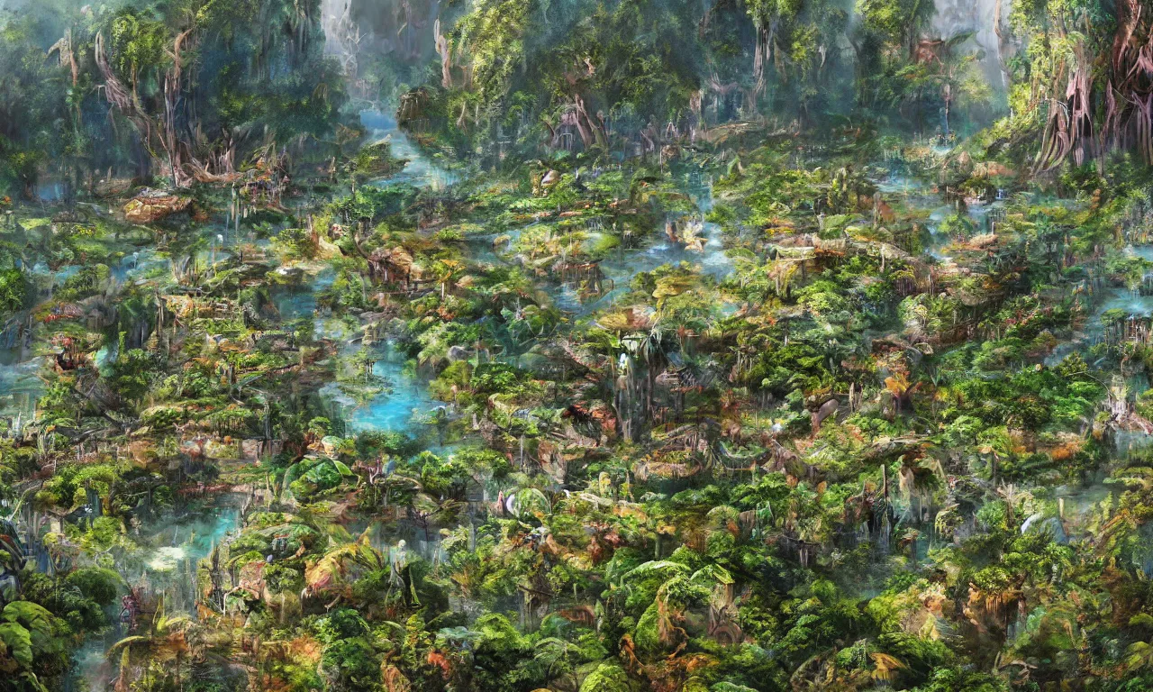 Image similar to a futuristic utopia, enchanted world, ancient amazon winding river valley deep valley taken from 3 0 meters high, otherworldly, botanical garden, waterscape, overgrowing floral lush, glistening in the morning light, 8 k, cinematic shot, weta workshop, hyper realistic, cinematography