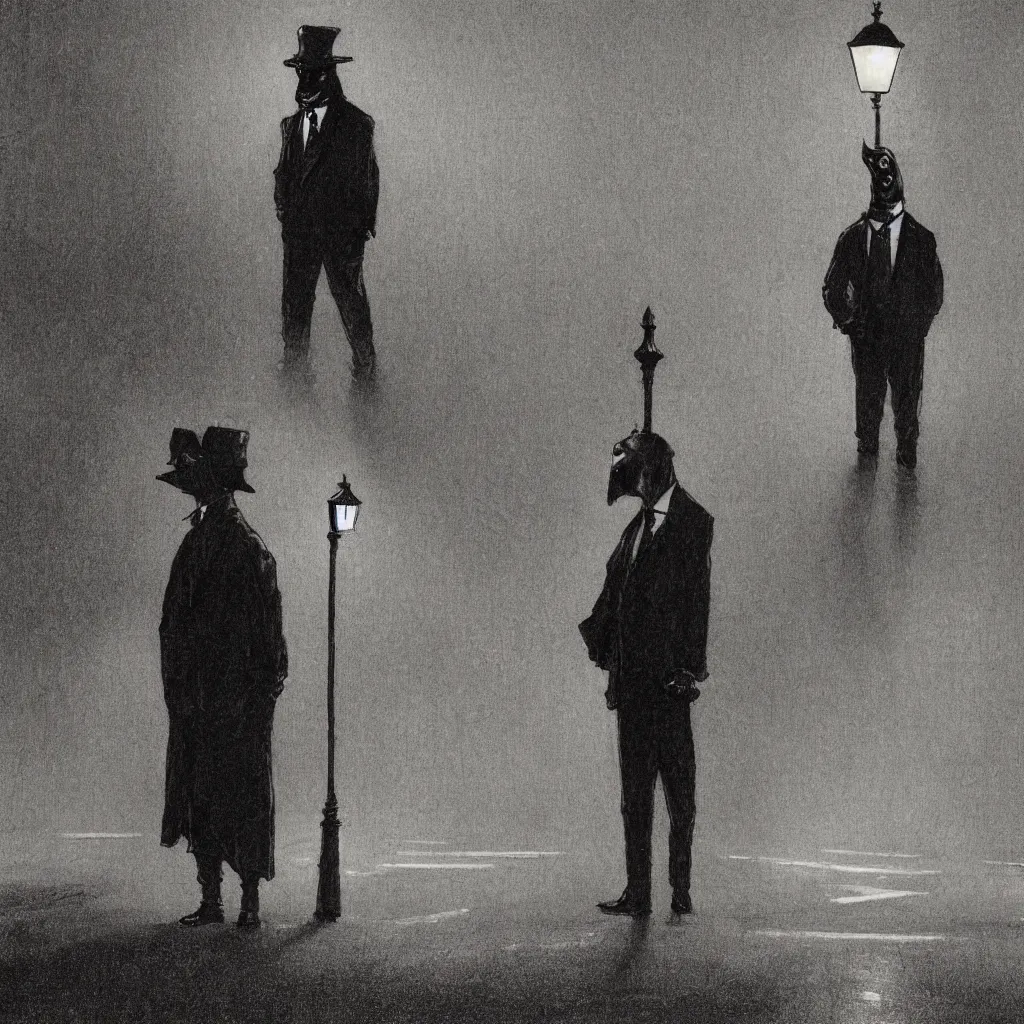Image similar to a man wearing a suit and a raven mask standing in the middle of a street illuminated by a lone street lamp, by norman rockwell, cinematic lighting, detailed drawing