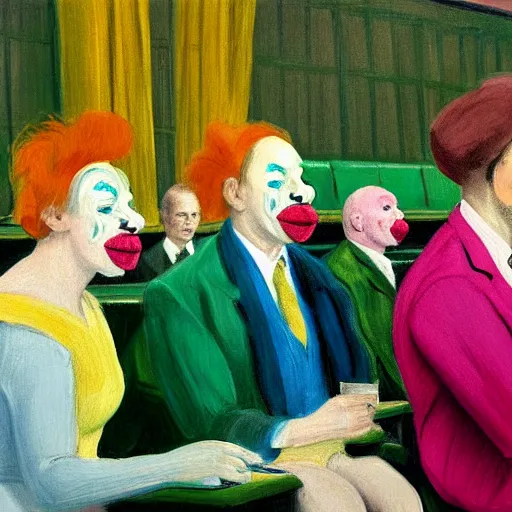 Prompt: a highly detailed beautiful portrait close up art painting of british members of parliament in the house of commons wearing pastel coloured clown costumes with pleasant oversized joyful faces, they are smoking. in the style of edward hopper, richard hamilton. concept art. green leather benches. photographic. concept. crisp digital art. no artefacts. desaturated. high fidelity facial portrait. 8 k