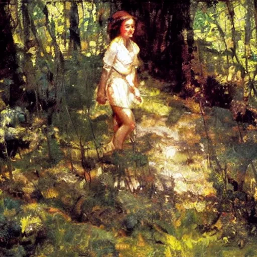 Prompt: young girl lost in a forest, by dean cornwell, sunlit